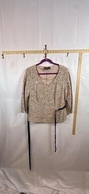Alex Evenings Woman Gold Sequin Blouse Top Ribbon Tie Cocktail Party Glam Womens